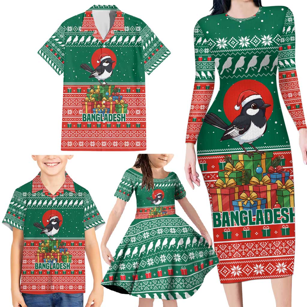 Bangladesh Christmas Family Matching Long Sleeve Bodycon Dress and Hawaiian Shirt with Black-Capped Bird Gift Stack and Green Red Snowflake Pattern - Wonder Print Shop