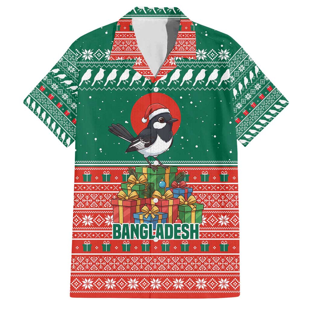 Bangladesh Christmas Family Matching Long Sleeve Bodycon Dress and Hawaiian Shirt with Black-Capped Bird Gift Stack and Green Red Snowflake Pattern - Wonder Print Shop