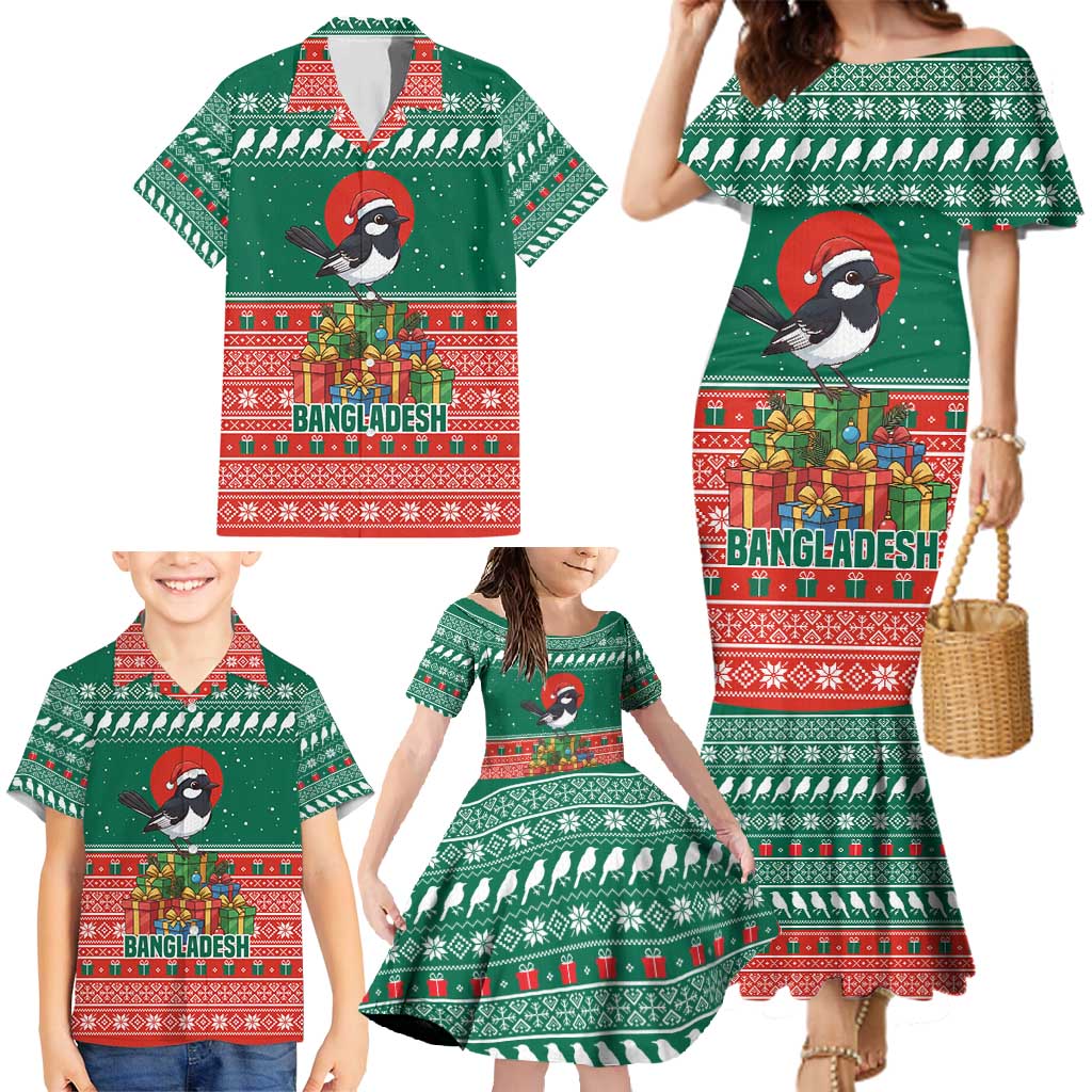 Bangladesh Christmas Family Matching Mermaid Dress and Hawaiian Shirt with Black-Capped Bird Gift Stack and Green Red Snowflake Pattern - Wonder Print Shop