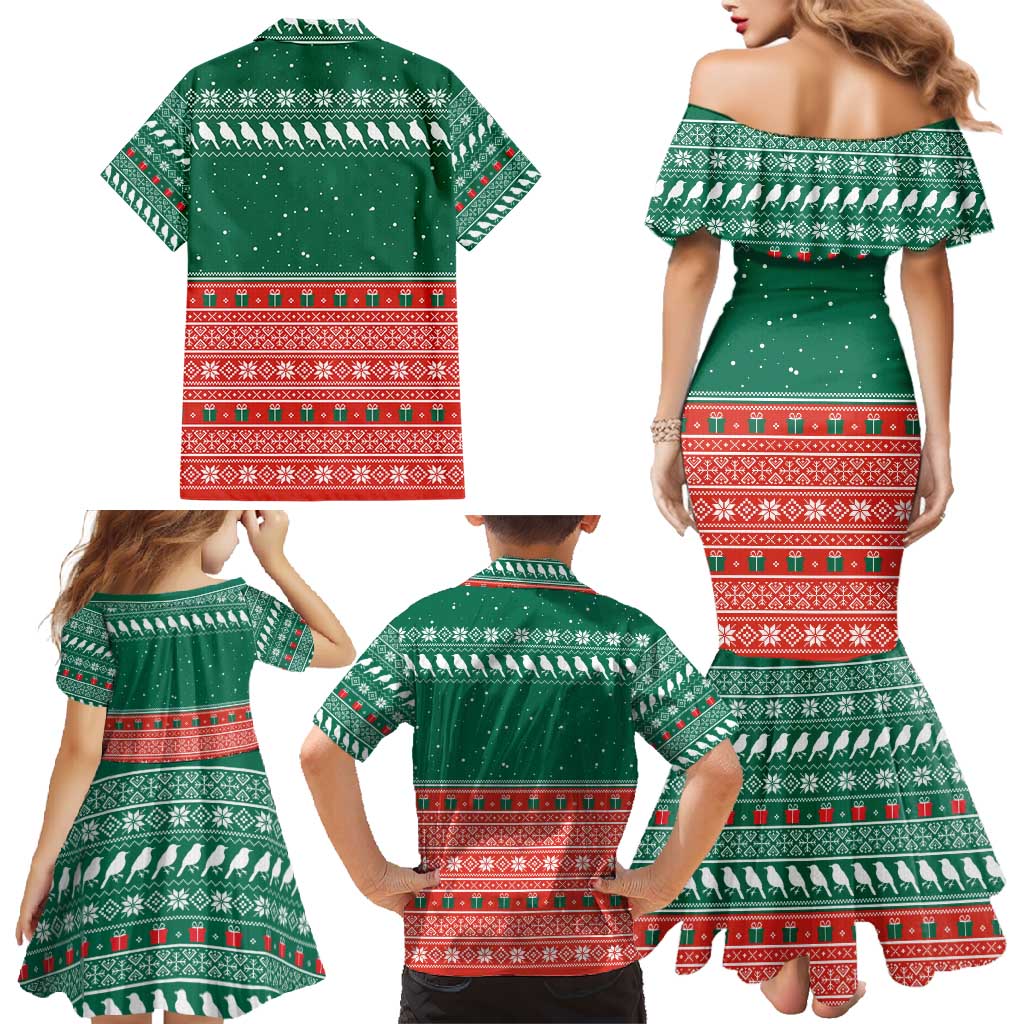 Bangladesh Christmas Family Matching Mermaid Dress and Hawaiian Shirt with Black-Capped Bird Gift Stack and Green Red Snowflake Pattern - Wonder Print Shop