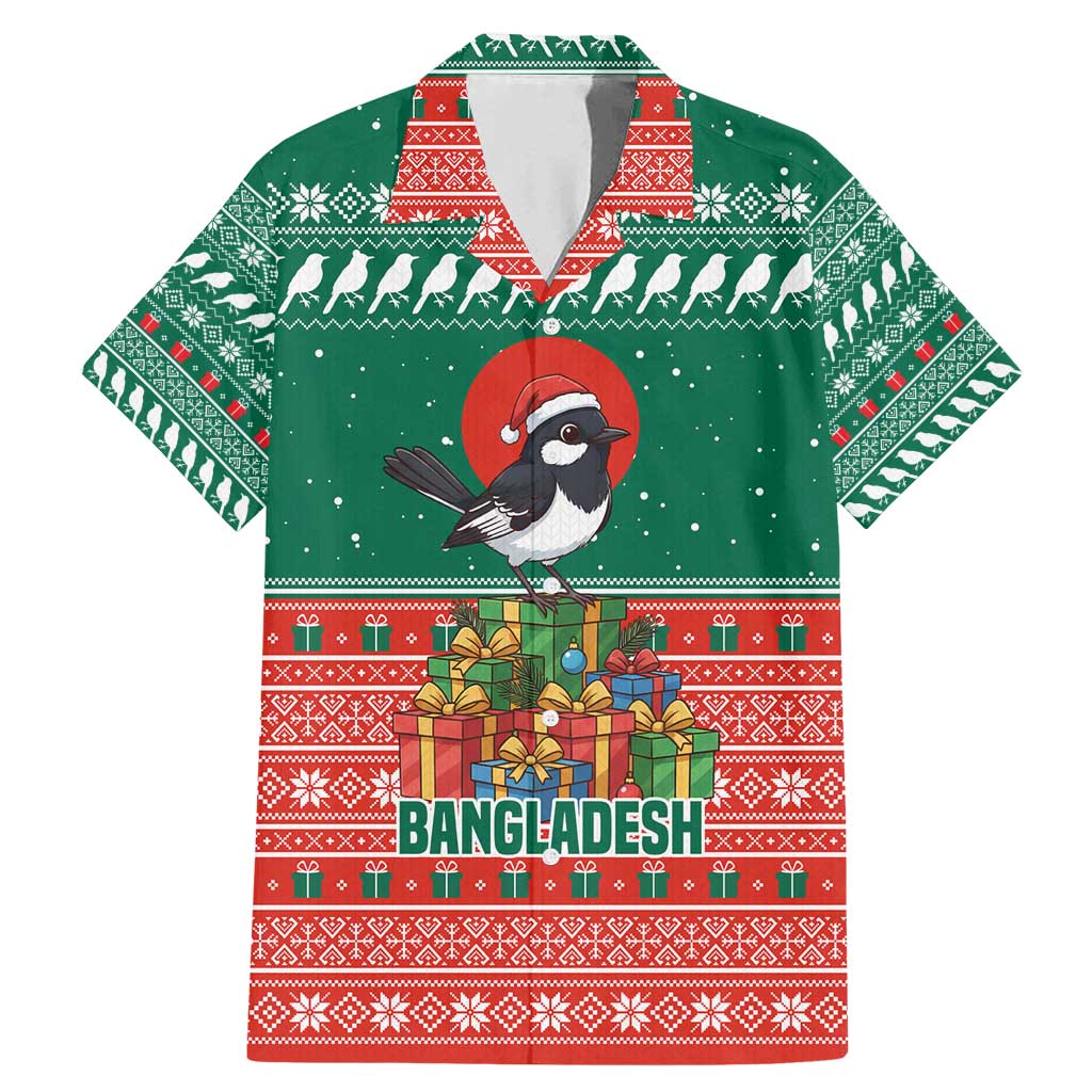Bangladesh Christmas Family Matching Mermaid Dress and Hawaiian Shirt with Black-Capped Bird Gift Stack and Green Red Snowflake Pattern - Wonder Print Shop