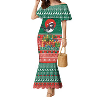 Bangladesh Christmas Family Matching Mermaid Dress and Hawaiian Shirt with Black-Capped Bird Gift Stack and Green Red Snowflake Pattern - Wonder Print Shop