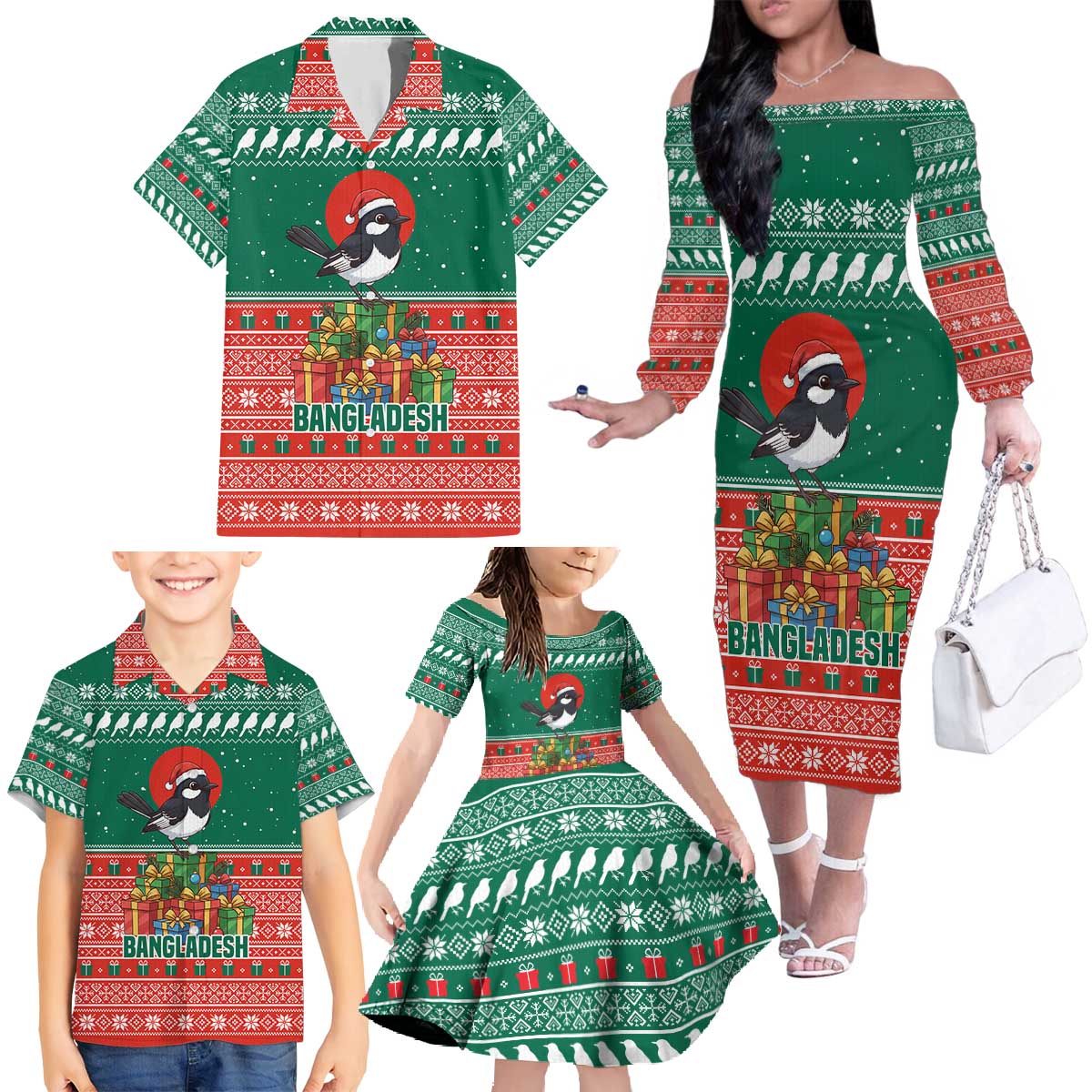 Bangladesh Christmas Family Matching Off The Shoulder Long Sleeve Dress and Hawaiian Shirt with Black-Capped Bird Gift Stack and Green Red Snowflake Pattern - Wonder Print Shop