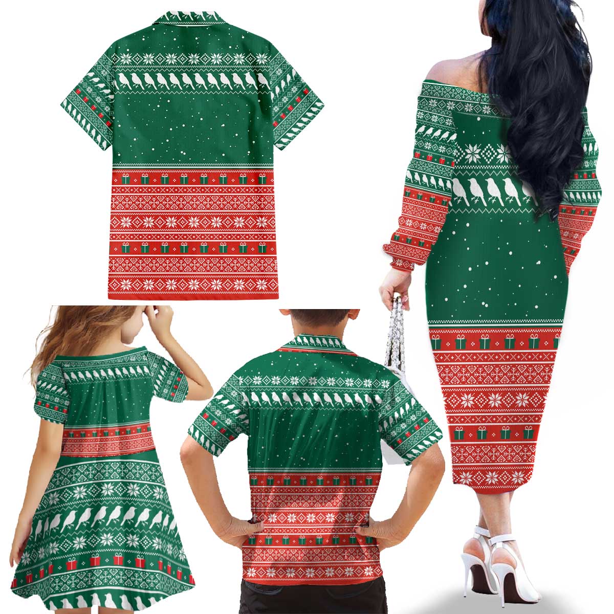 Bangladesh Christmas Family Matching Off The Shoulder Long Sleeve Dress and Hawaiian Shirt with Black-Capped Bird Gift Stack and Green Red Snowflake Pattern - Wonder Print Shop