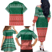 Bangladesh Christmas Family Matching Off The Shoulder Long Sleeve Dress and Hawaiian Shirt with Black-Capped Bird Gift Stack and Green Red Snowflake Pattern - Wonder Print Shop