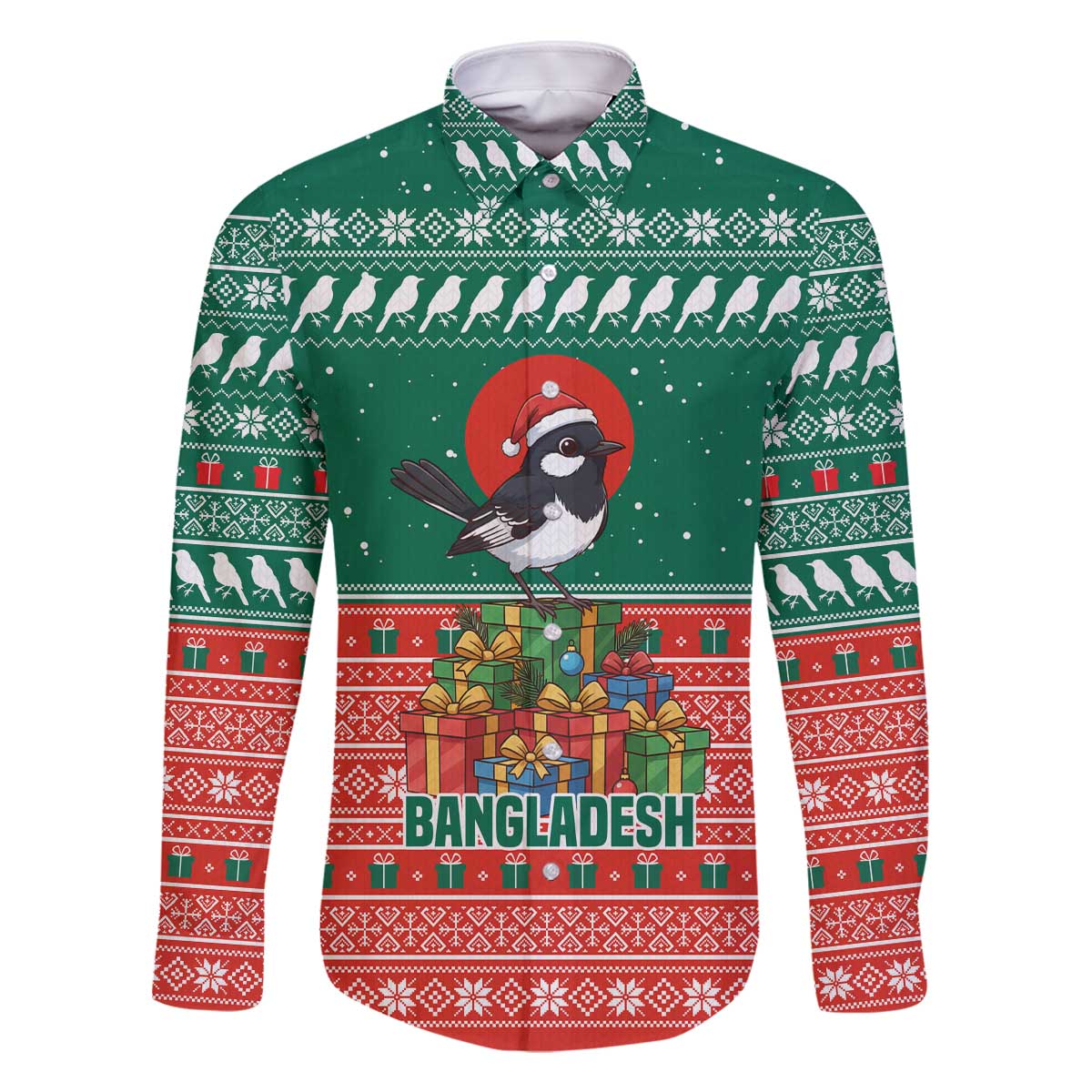 Bangladesh Christmas Family Matching Off The Shoulder Long Sleeve Dress and Hawaiian Shirt with Black-Capped Bird Gift Stack and Green Red Snowflake Pattern - Wonder Print Shop