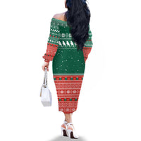 Bangladesh Christmas Family Matching Off The Shoulder Long Sleeve Dress and Hawaiian Shirt with Black-Capped Bird Gift Stack and Green Red Snowflake Pattern - Wonder Print Shop