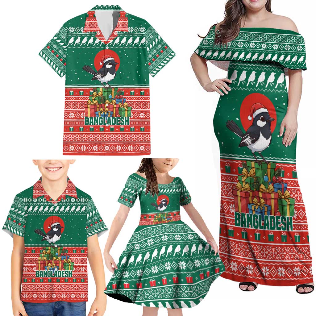 Bangladesh Christmas Family Matching Off Shoulder Maxi Dress and Hawaiian Shirt with Black-Capped Bird Gift Stack and Green Red Snowflake Pattern - Wonder Print Shop