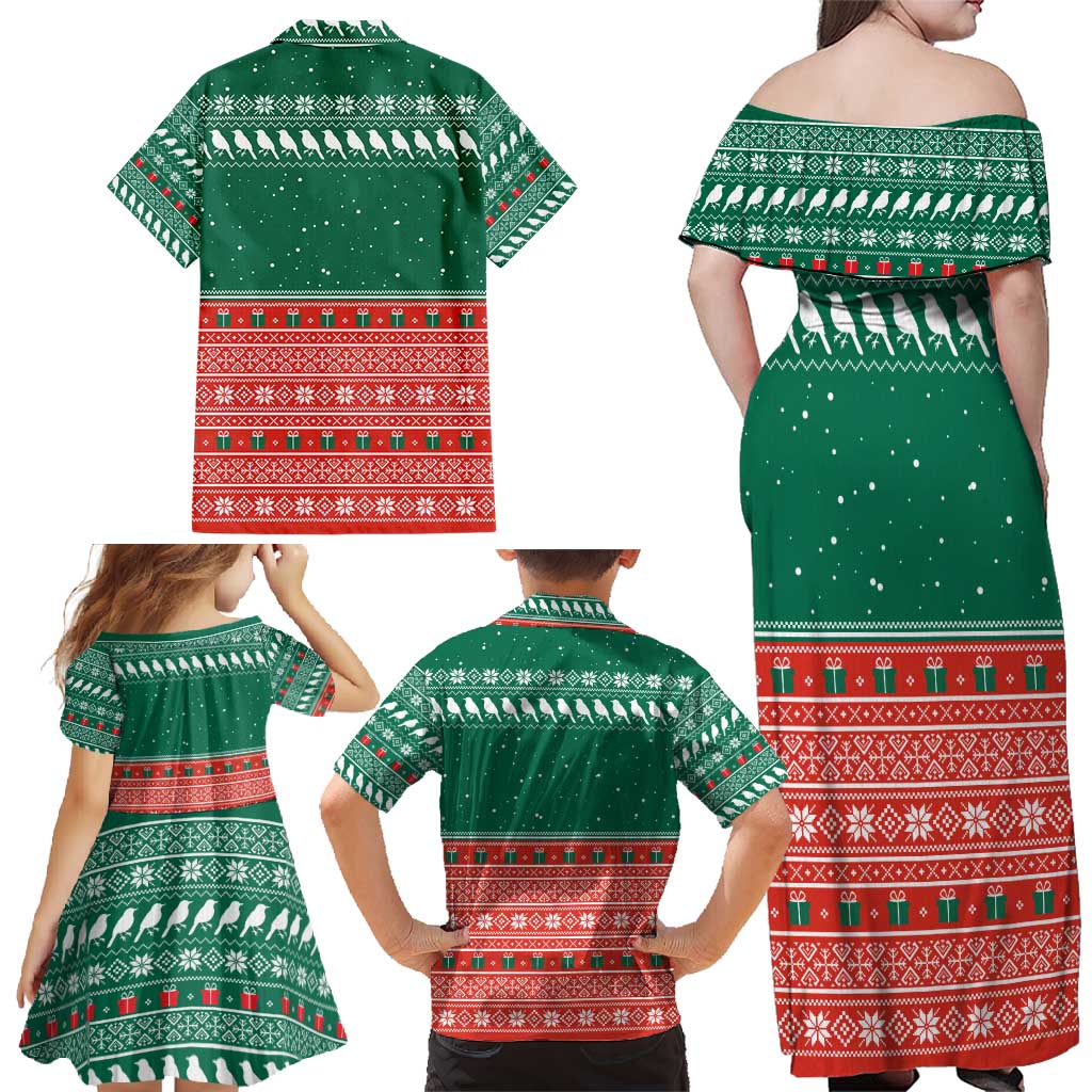 Bangladesh Christmas Family Matching Off Shoulder Maxi Dress and Hawaiian Shirt with Black-Capped Bird Gift Stack and Green Red Snowflake Pattern - Wonder Print Shop