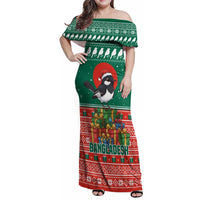 Bangladesh Christmas Family Matching Off Shoulder Maxi Dress and Hawaiian Shirt with Black-Capped Bird Gift Stack and Green Red Snowflake Pattern - Wonder Print Shop