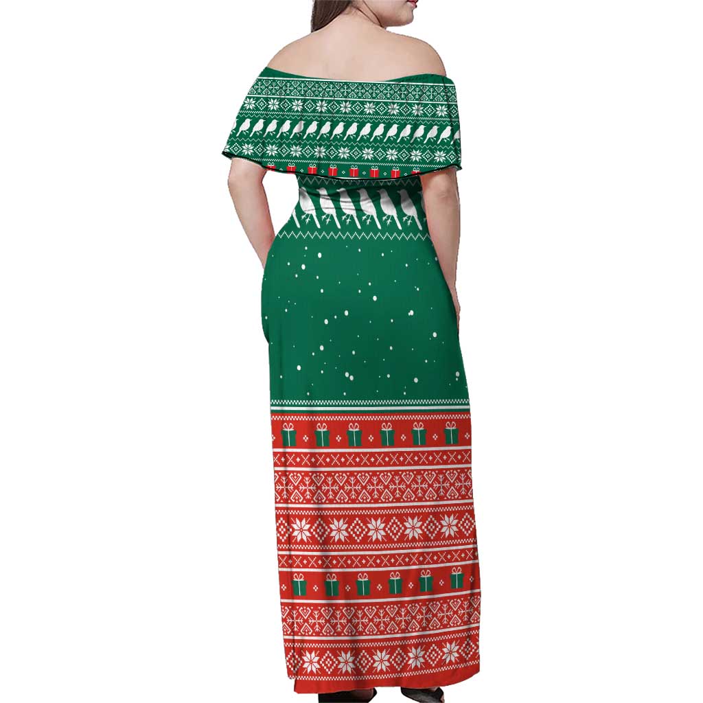 Bangladesh Christmas Family Matching Off Shoulder Maxi Dress and Hawaiian Shirt with Black-Capped Bird Gift Stack and Green Red Snowflake Pattern - Wonder Print Shop