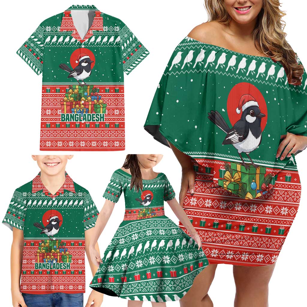 Bangladesh Christmas Family Matching Off Shoulder Short Dress and Hawaiian Shirt with Black-Capped Bird Gift Stack and Green Red Snowflake Pattern - Wonder Print Shop
