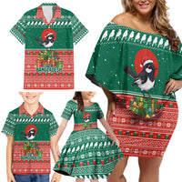 Bangladesh Christmas Family Matching Off Shoulder Short Dress and Hawaiian Shirt with Black-Capped Bird Gift Stack and Green Red Snowflake Pattern - Wonder Print Shop