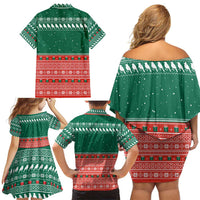 Bangladesh Christmas Family Matching Off Shoulder Short Dress and Hawaiian Shirt with Black-Capped Bird Gift Stack and Green Red Snowflake Pattern - Wonder Print Shop