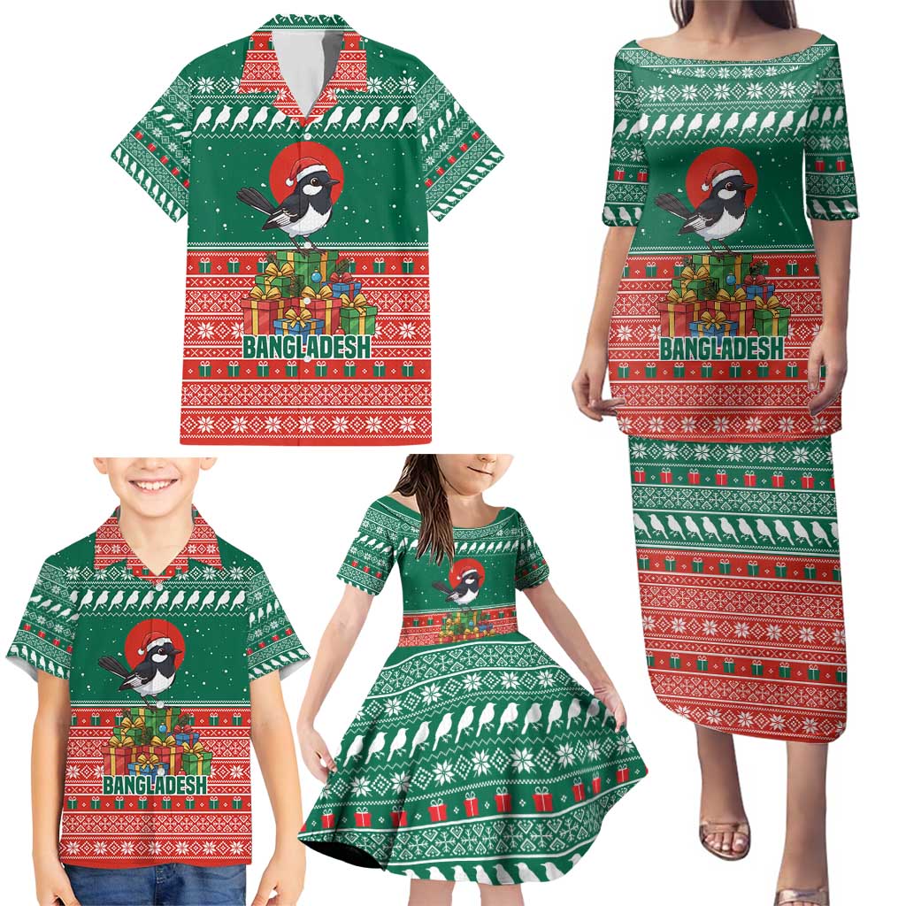Bangladesh Christmas Family Matching Puletasi and Hawaiian Shirt with Black-Capped Bird Gift Stack and Green Red Snowflake Pattern - Wonder Print Shop