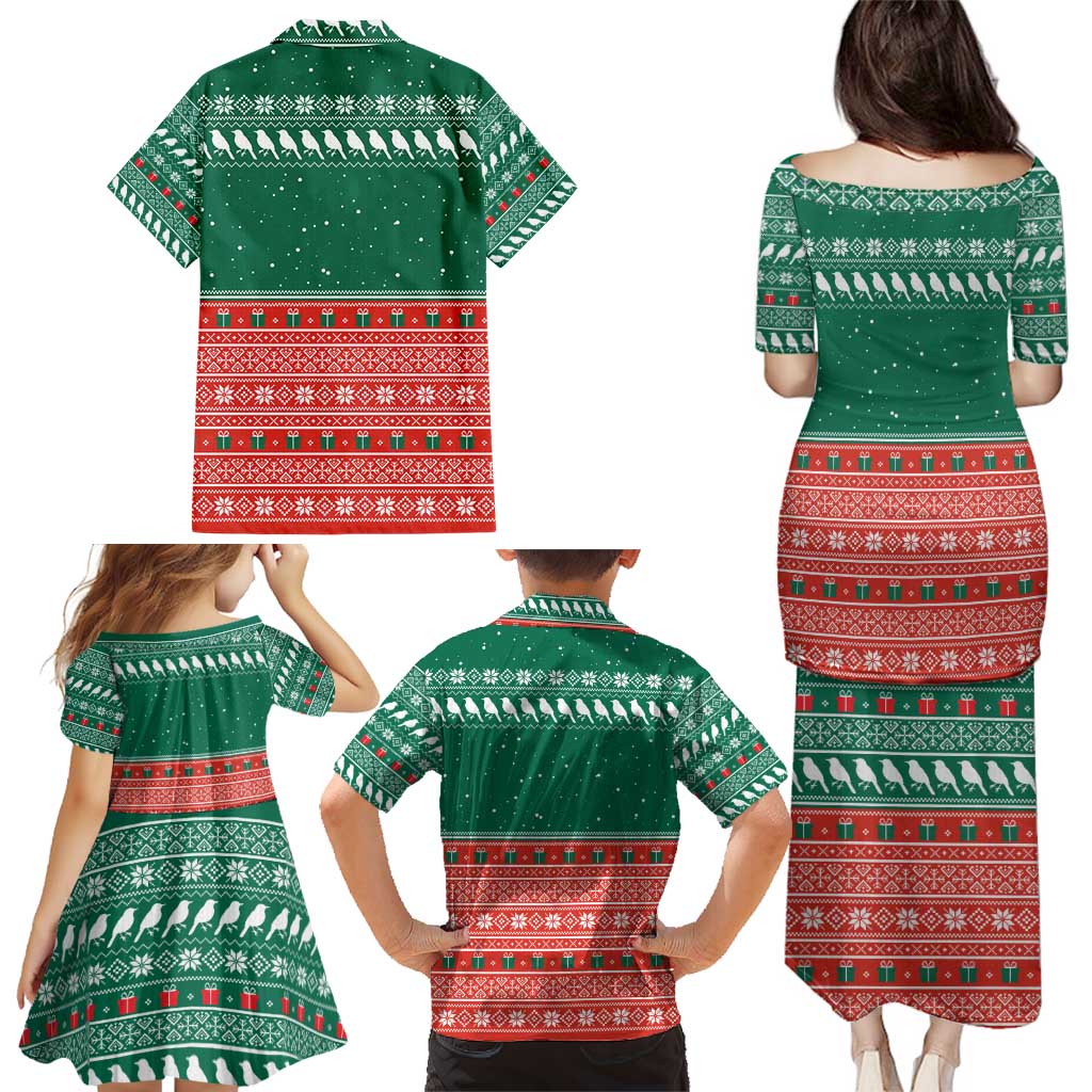 Bangladesh Christmas Family Matching Puletasi and Hawaiian Shirt with Black-Capped Bird Gift Stack and Green Red Snowflake Pattern - Wonder Print Shop