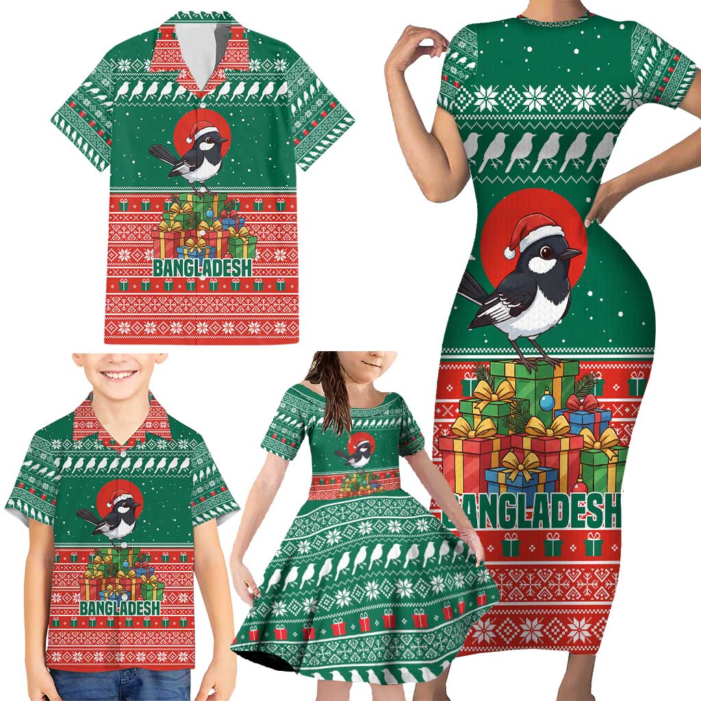 Bangladesh Christmas Family Matching Short Sleeve Bodycon Dress and Hawaiian Shirt with Black-Capped Bird Gift Stack and Green Red Snowflake Pattern - Wonder Print Shop