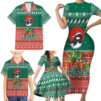 Bangladesh Christmas Family Matching Short Sleeve Bodycon Dress and Hawaiian Shirt with Black-Capped Bird Gift Stack and Green Red Snowflake Pattern - Wonder Print Shop