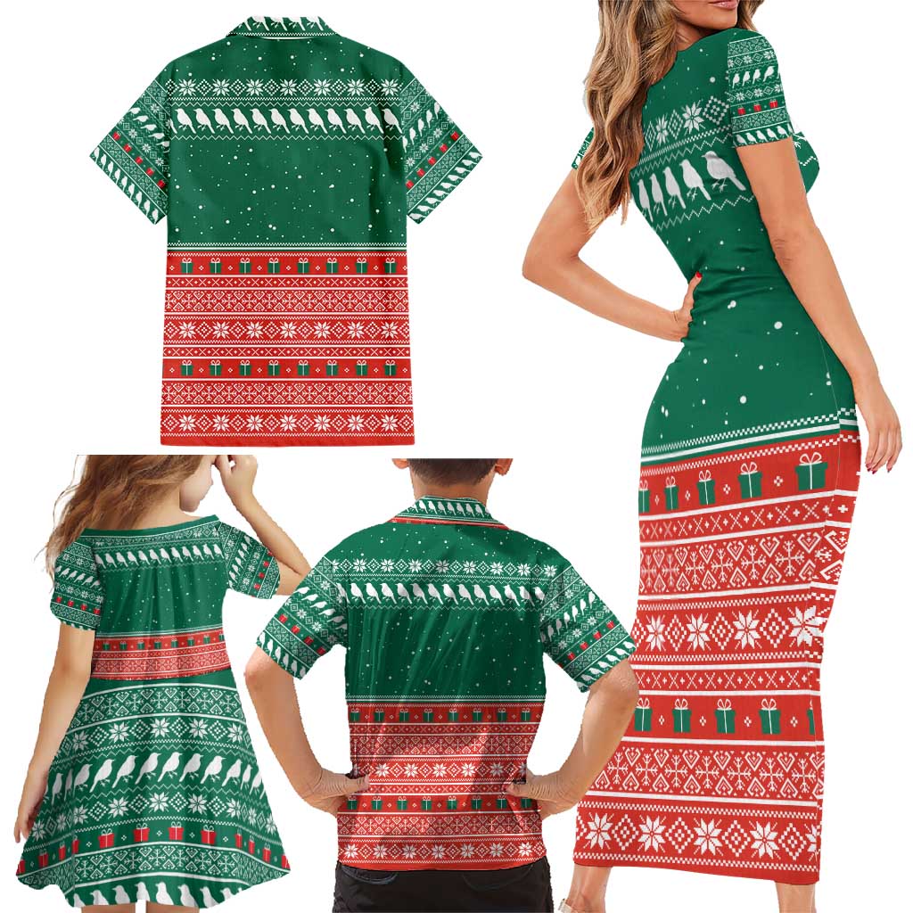 Bangladesh Christmas Family Matching Short Sleeve Bodycon Dress and Hawaiian Shirt with Black-Capped Bird Gift Stack and Green Red Snowflake Pattern - Wonder Print Shop