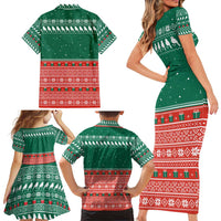 Bangladesh Christmas Family Matching Short Sleeve Bodycon Dress and Hawaiian Shirt with Black-Capped Bird Gift Stack and Green Red Snowflake Pattern - Wonder Print Shop