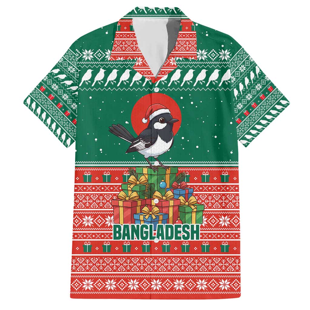 Bangladesh Christmas Family Matching Short Sleeve Bodycon Dress and Hawaiian Shirt with Black-Capped Bird Gift Stack and Green Red Snowflake Pattern - Wonder Print Shop