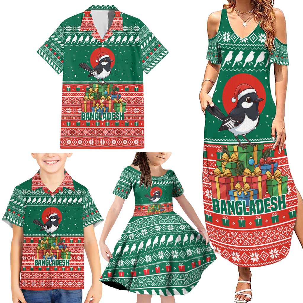 Bangladesh Christmas Family Matching Summer Maxi Dress and Hawaiian Shirt with Black-Capped Bird Gift Stack and Green Red Snowflake Pattern - Wonder Print Shop