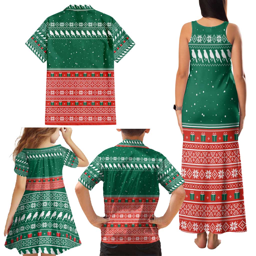 Bangladesh Christmas Family Matching Tank Maxi Dress and Hawaiian Shirt with Black-Capped Bird Gift Stack and Green Red Snowflake Pattern - Wonder Print Shop