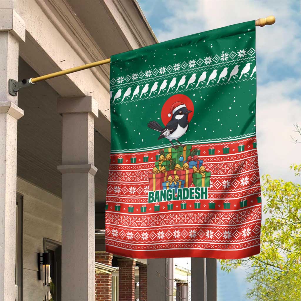 Bangladesh Christmas Garden Flag with Black-Capped Bird Gift Stack and Green Red Snowflake Pattern - Wonder Print Shop