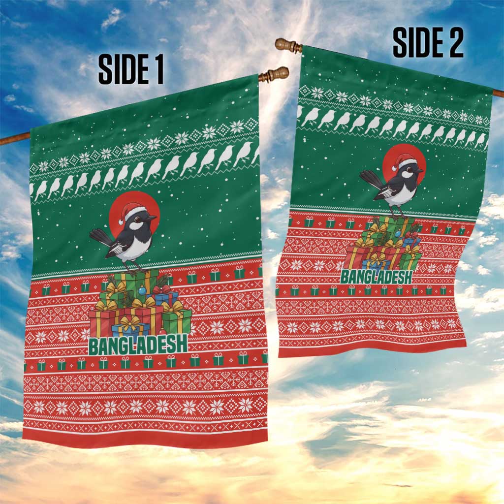 Bangladesh Christmas Garden Flag with Black-Capped Bird Gift Stack and Green Red Snowflake Pattern - Wonder Print Shop