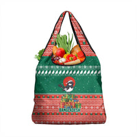 Bangladesh Christmas Grocery Bag with Black-Capped Bird Gift Stack and Green Red Snowflake Pattern - Wonder Print Shop