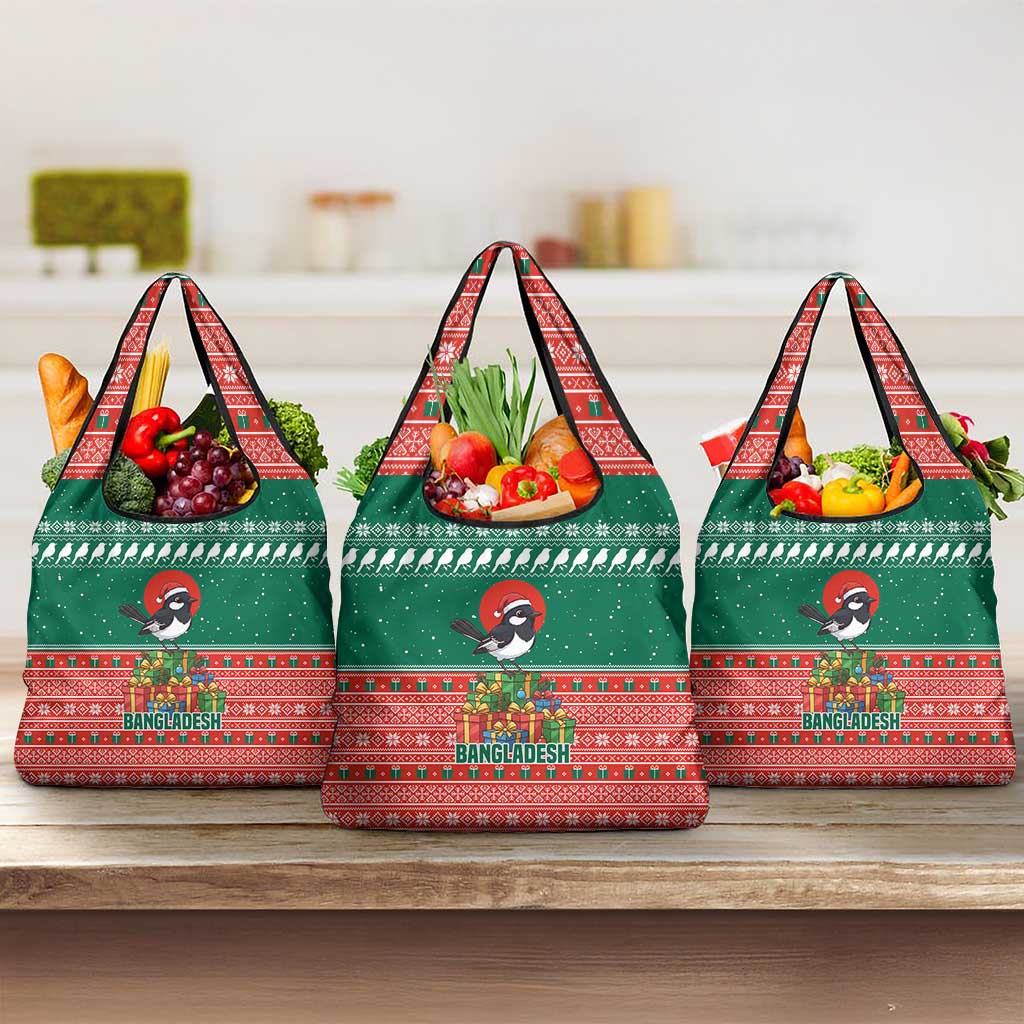 Bangladesh Christmas Grocery Bag with Black-Capped Bird Gift Stack and Green Red Snowflake Pattern - Wonder Print Shop
