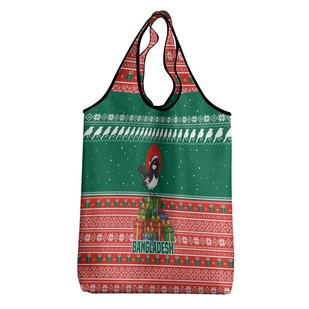 Bangladesh Christmas Grocery Bag with Black-Capped Bird Gift Stack and Green Red Snowflake Pattern - Wonder Print Shop