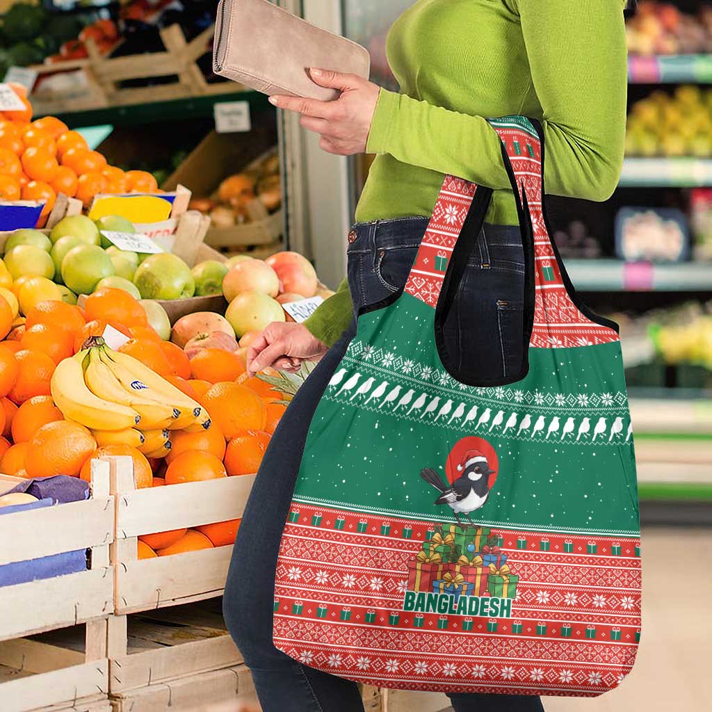 Bangladesh Christmas Grocery Bag with Black-Capped Bird Gift Stack and Green Red Snowflake Pattern - Wonder Print Shop