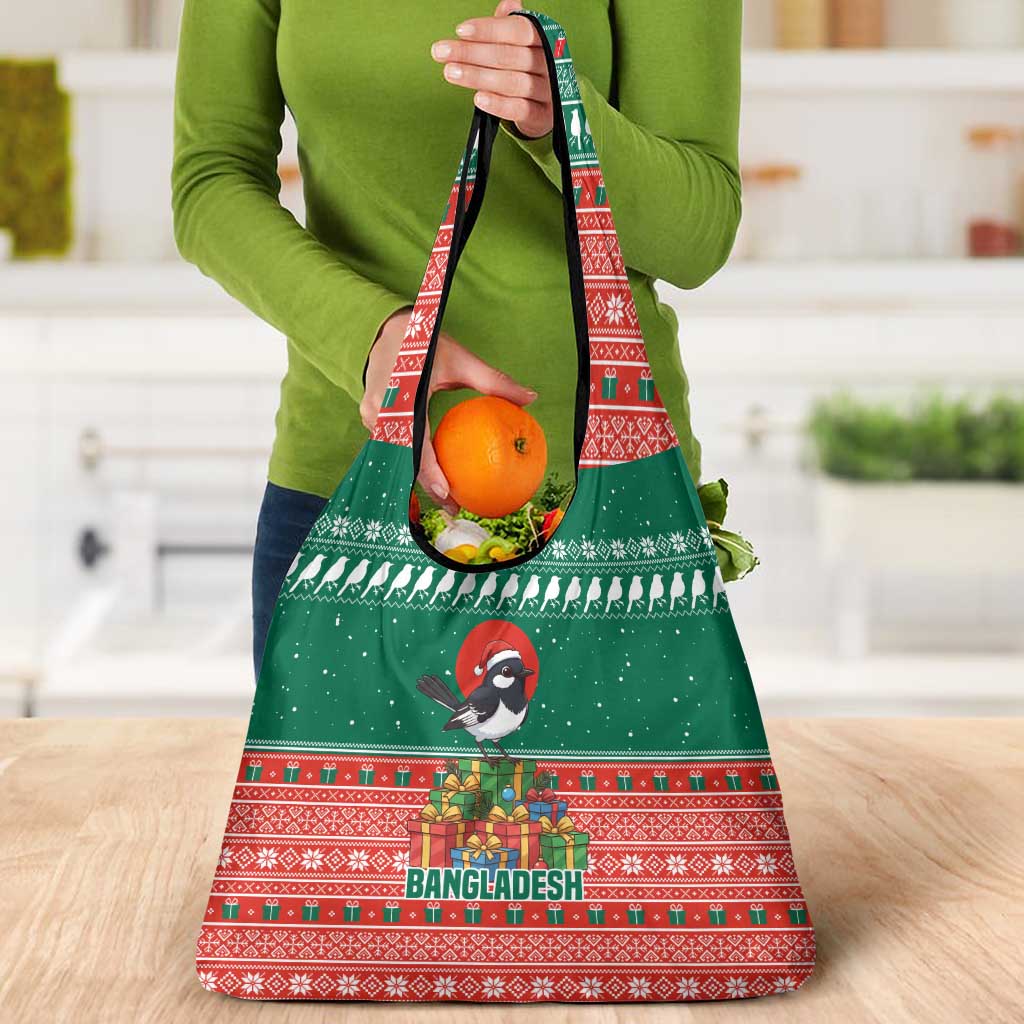 Bangladesh Christmas Grocery Bag with Black-Capped Bird Gift Stack and Green Red Snowflake Pattern - Wonder Print Shop