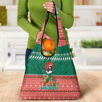 Bangladesh Christmas Grocery Bag with Black-Capped Bird Gift Stack and Green Red Snowflake Pattern - Wonder Print Shop