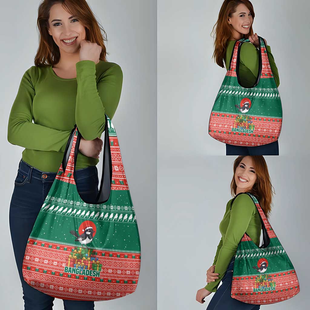 Bangladesh Christmas Grocery Bag with Black-Capped Bird Gift Stack and Green Red Snowflake Pattern - Wonder Print Shop