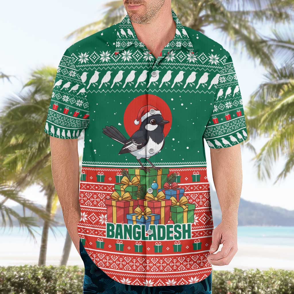 Bangladesh Christmas Hawaiian Shirt with Black-Capped Bird Gift Stack and Green Red Snowflake Pattern - Wonder Print Shop