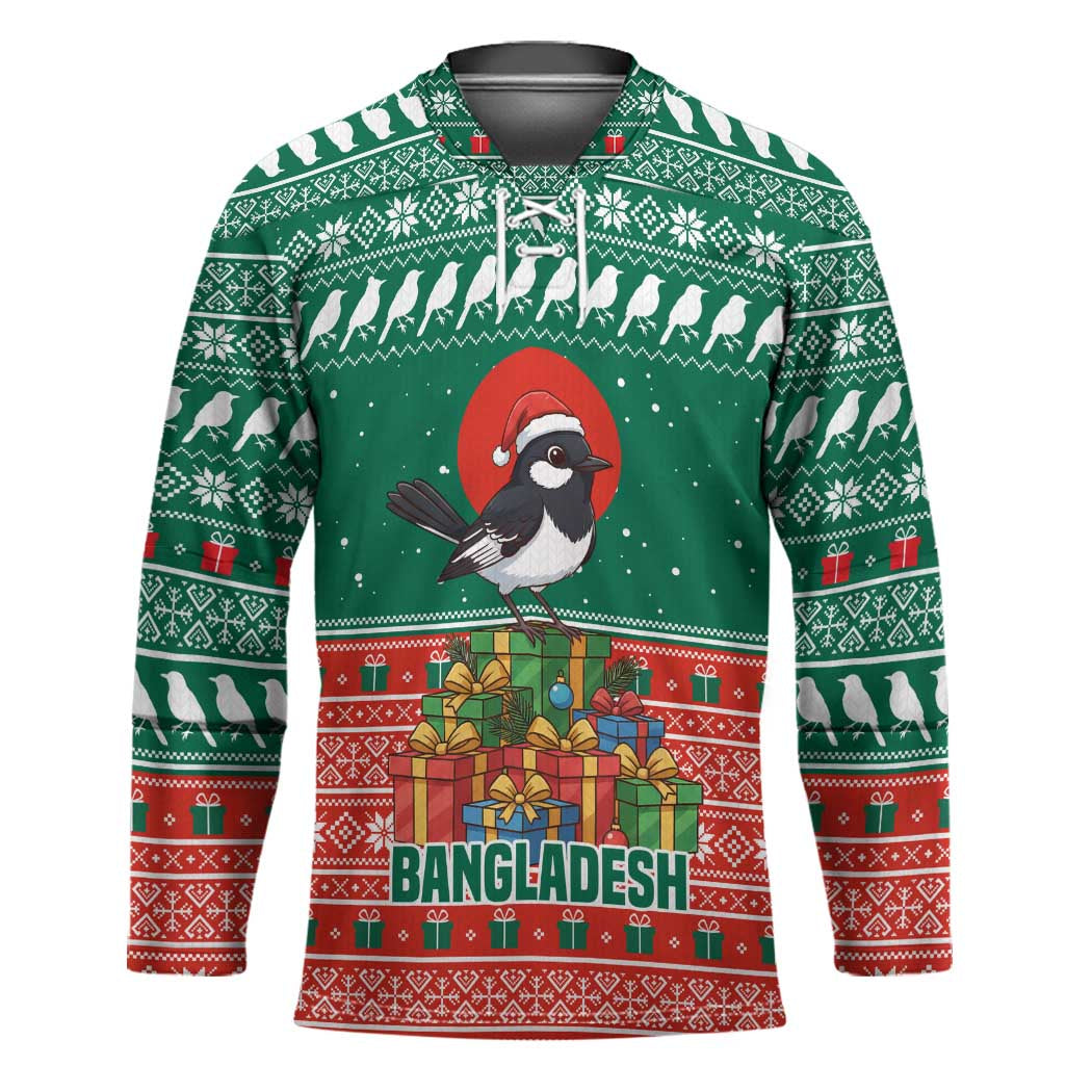 Bangladesh Christmas Hockey Jersey with Black-Capped Bird Gift Stack and Green Red Snowflake Pattern - Wonder Print Shop