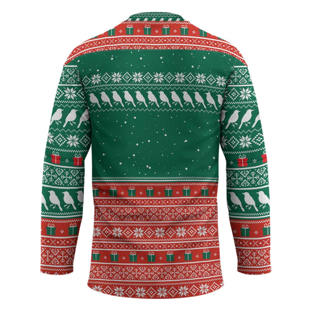 Bangladesh Christmas Hockey Jersey with Black-Capped Bird Gift Stack and Green Red Snowflake Pattern - Wonder Print Shop