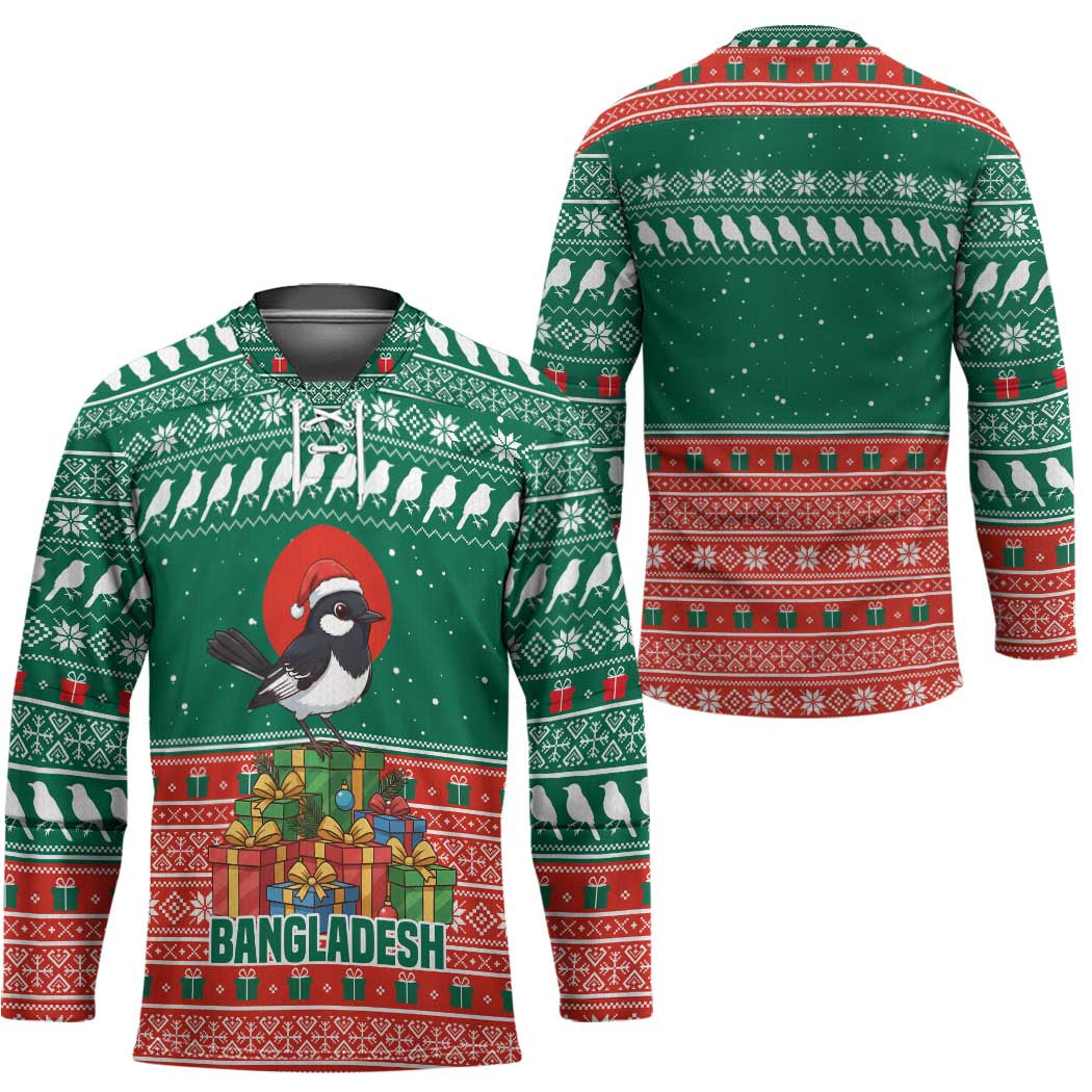 Bangladesh Christmas Hockey Jersey with Black-Capped Bird Gift Stack and Green Red Snowflake Pattern - Wonder Print Shop
