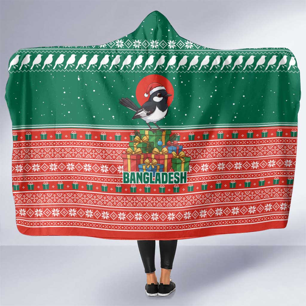 Bangladesh Christmas Hooded Blanket with Black-Capped Bird Gift Stack and Green Red Snowflake Pattern - Wonder Print Shop