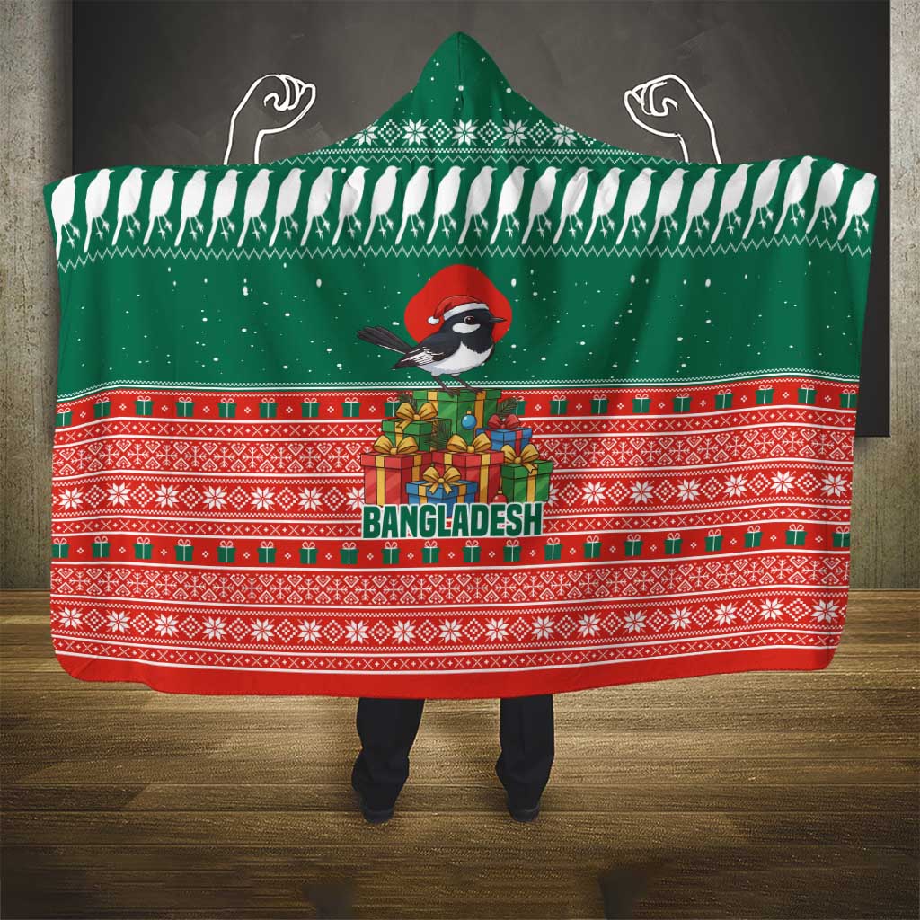 Bangladesh Christmas Hooded Blanket with Black-Capped Bird Gift Stack and Green Red Snowflake Pattern - Wonder Print Shop