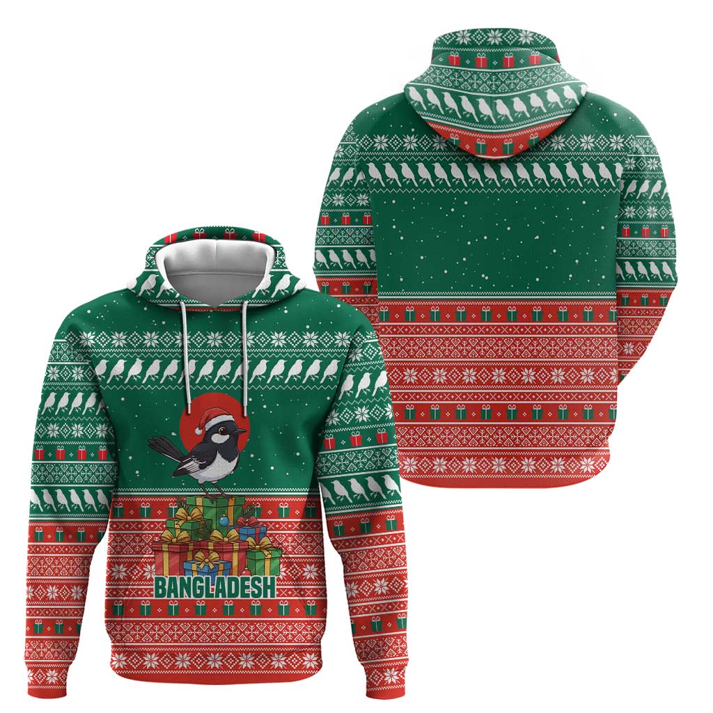 Bangladesh Christmas Hoodie with Black-Capped Bird Gift Stack and Green Red Snowflake Pattern - Wonder Print Shop