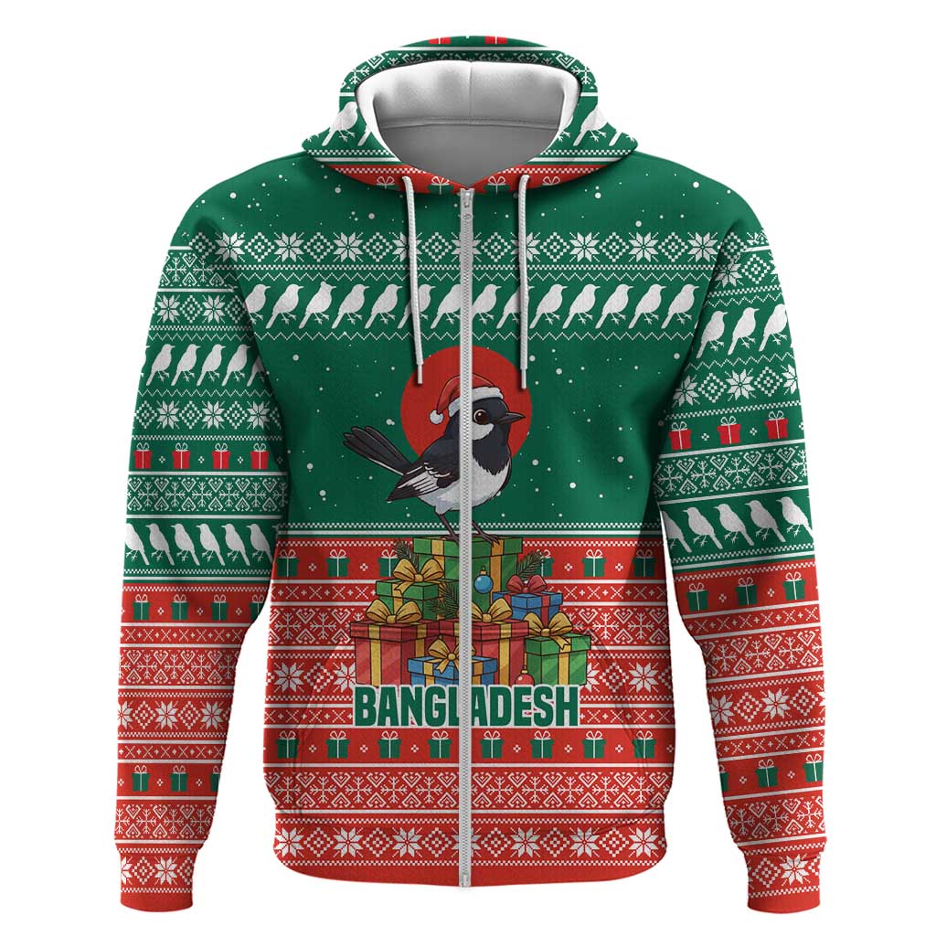 Bangladesh Christmas Hoodie with Black-Capped Bird Gift Stack and Green Red Snowflake Pattern - Wonder Print Shop