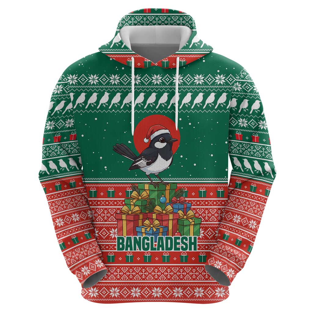 Bangladesh Christmas Hoodie with Black-Capped Bird Gift Stack and Green Red Snowflake Pattern - Wonder Print Shop