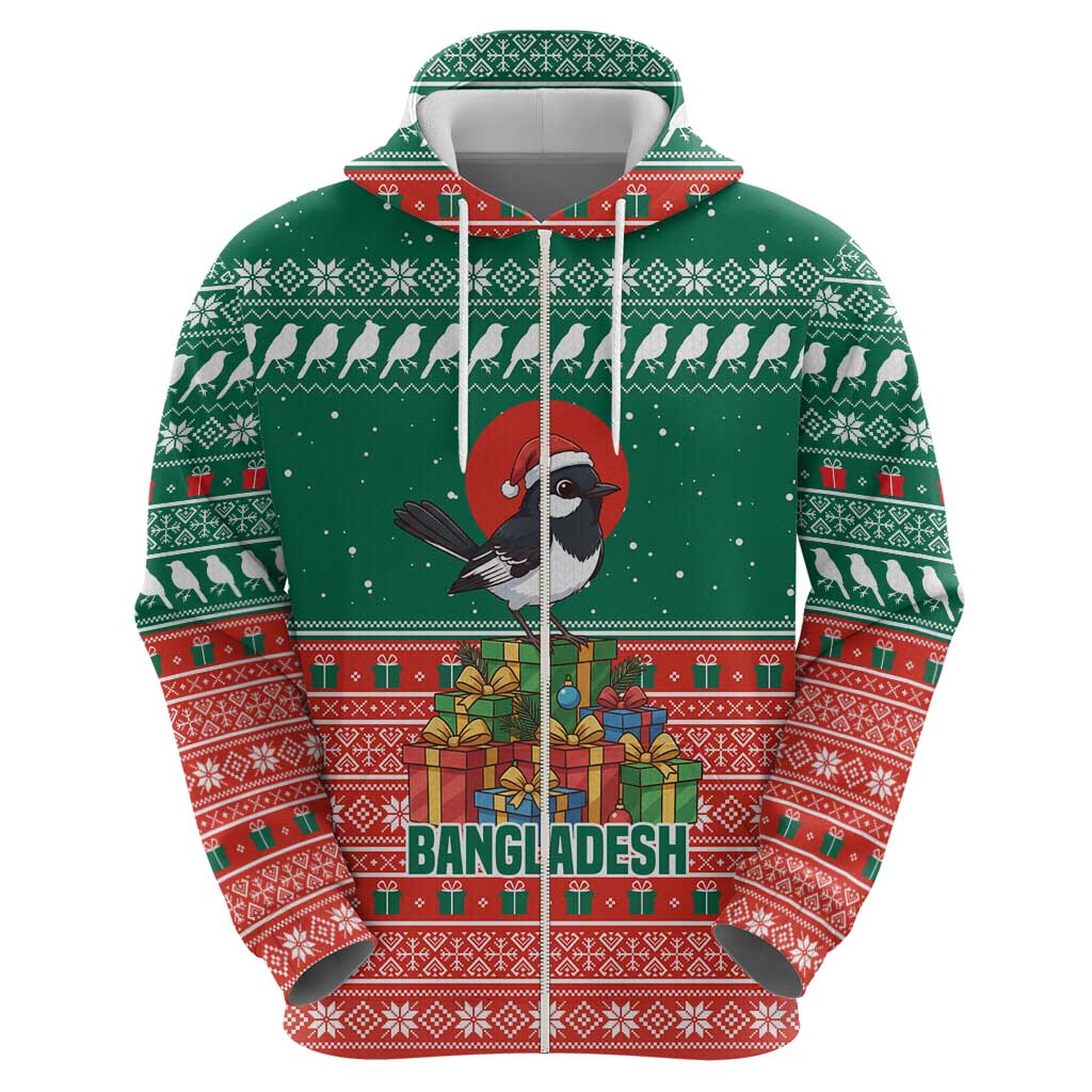 Bangladesh Christmas Hoodie with Black-Capped Bird Gift Stack and Green Red Snowflake Pattern - Wonder Print Shop