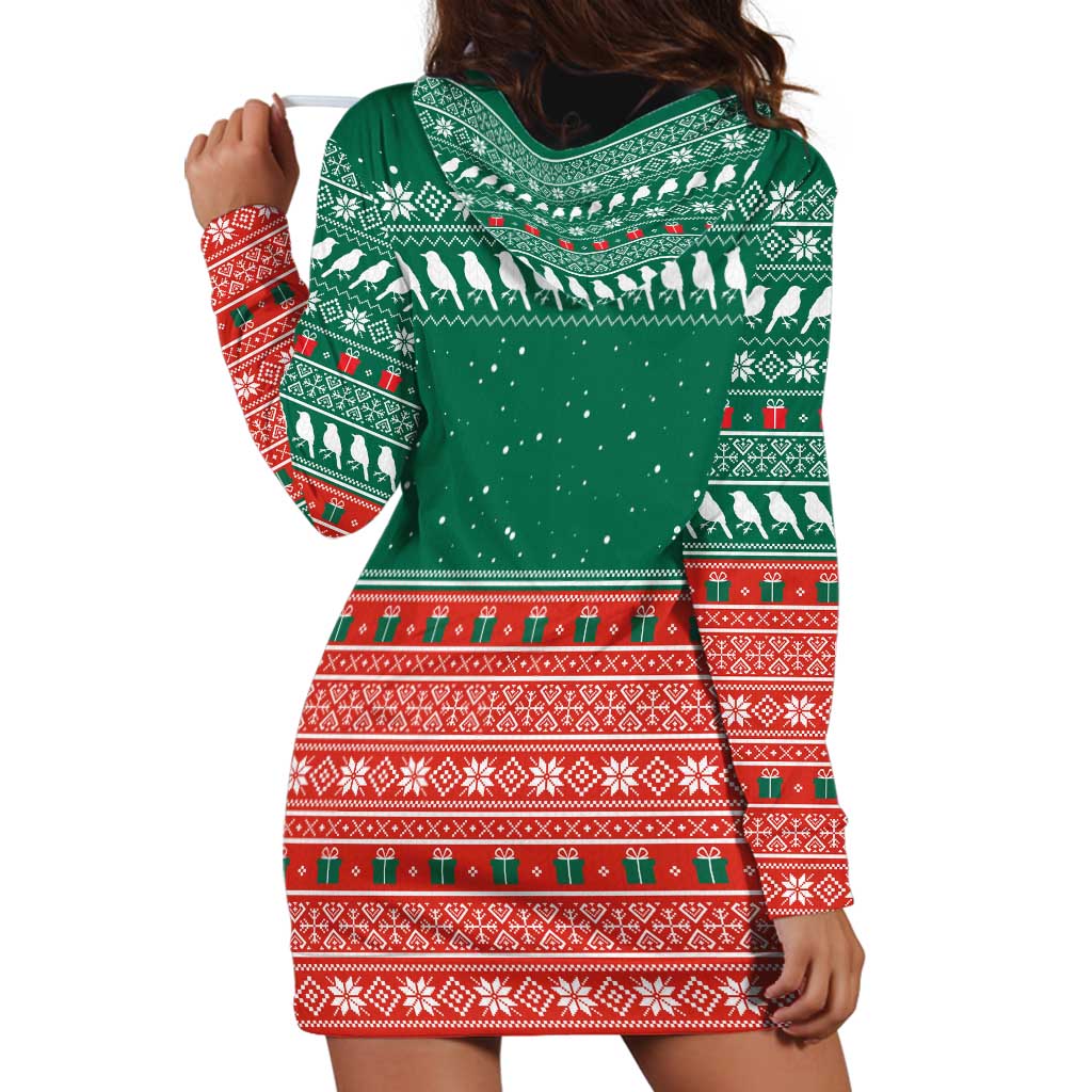 Bangladesh Christmas Hoodie Dress with Black-Capped Bird Gift Stack and Green Red Snowflake Pattern - Wonder Print Shop