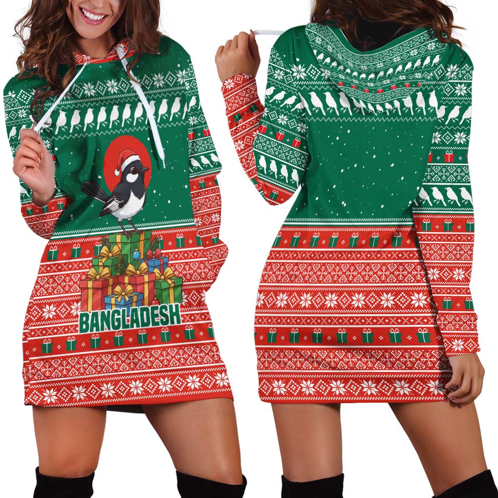 Bangladesh Christmas Hoodie Dress with Black-Capped Bird Gift Stack and Green Red Snowflake Pattern - Wonder Print Shop