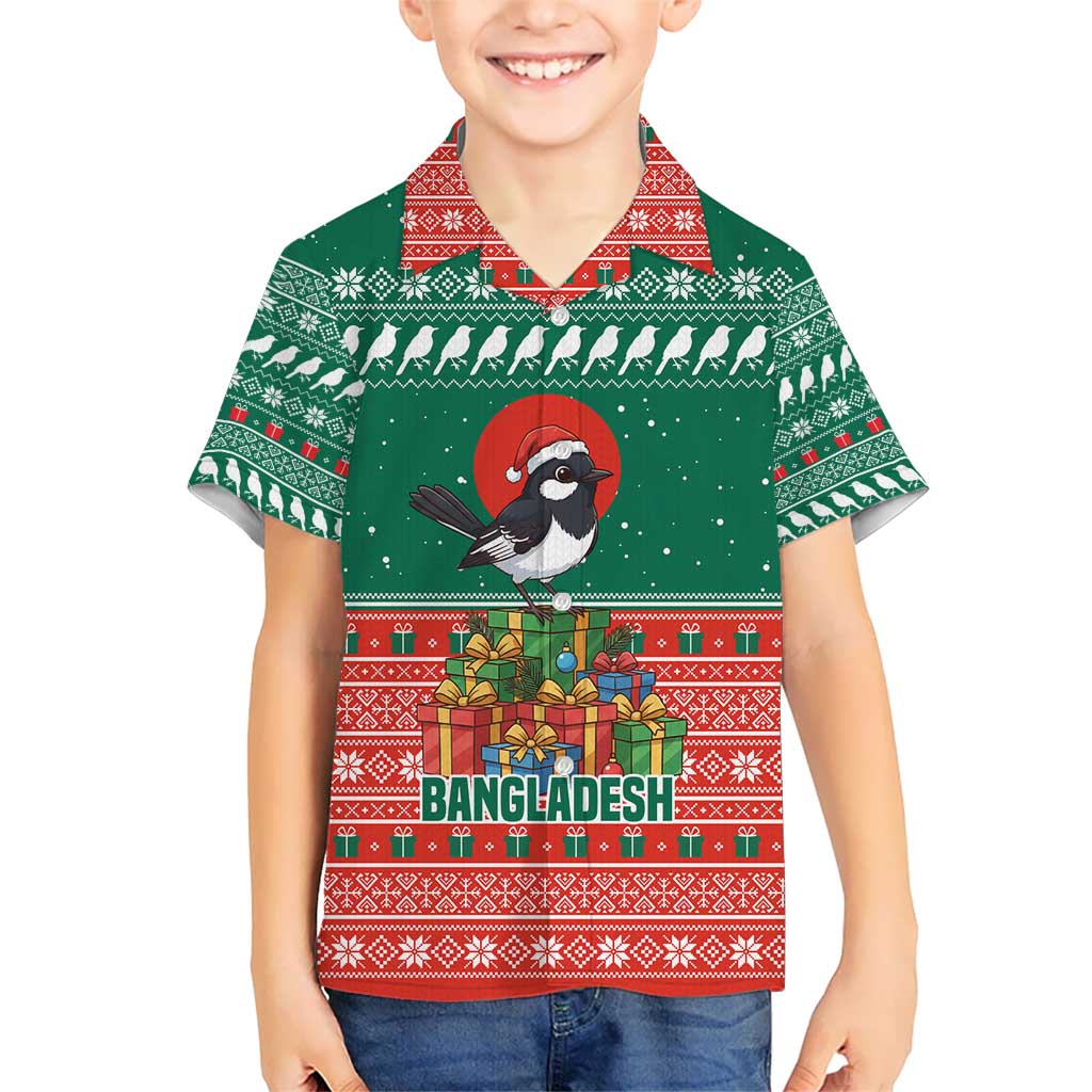 Bangladesh Christmas Kid Hawaiian Shirt with Black-Capped Bird Gift Stack and Green Red Snowflake Pattern - Wonder Print Shop