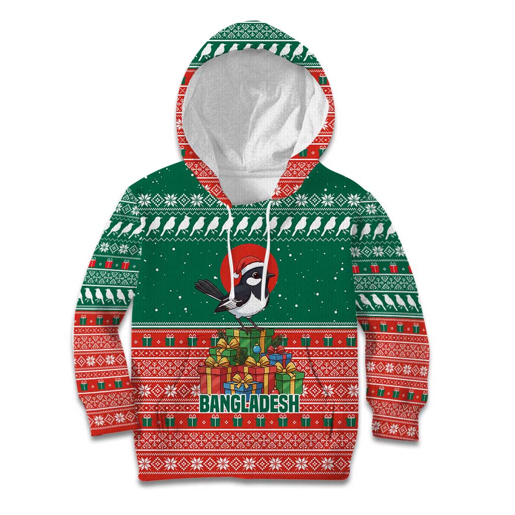 Bangladesh Christmas Kid Hoodie with Black-Capped Bird Gift Stack and Green Red Snowflake Pattern - Wonder Print Shop